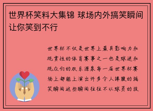 世界杯笑料大集锦 球场内外搞笑瞬间让你笑到不行